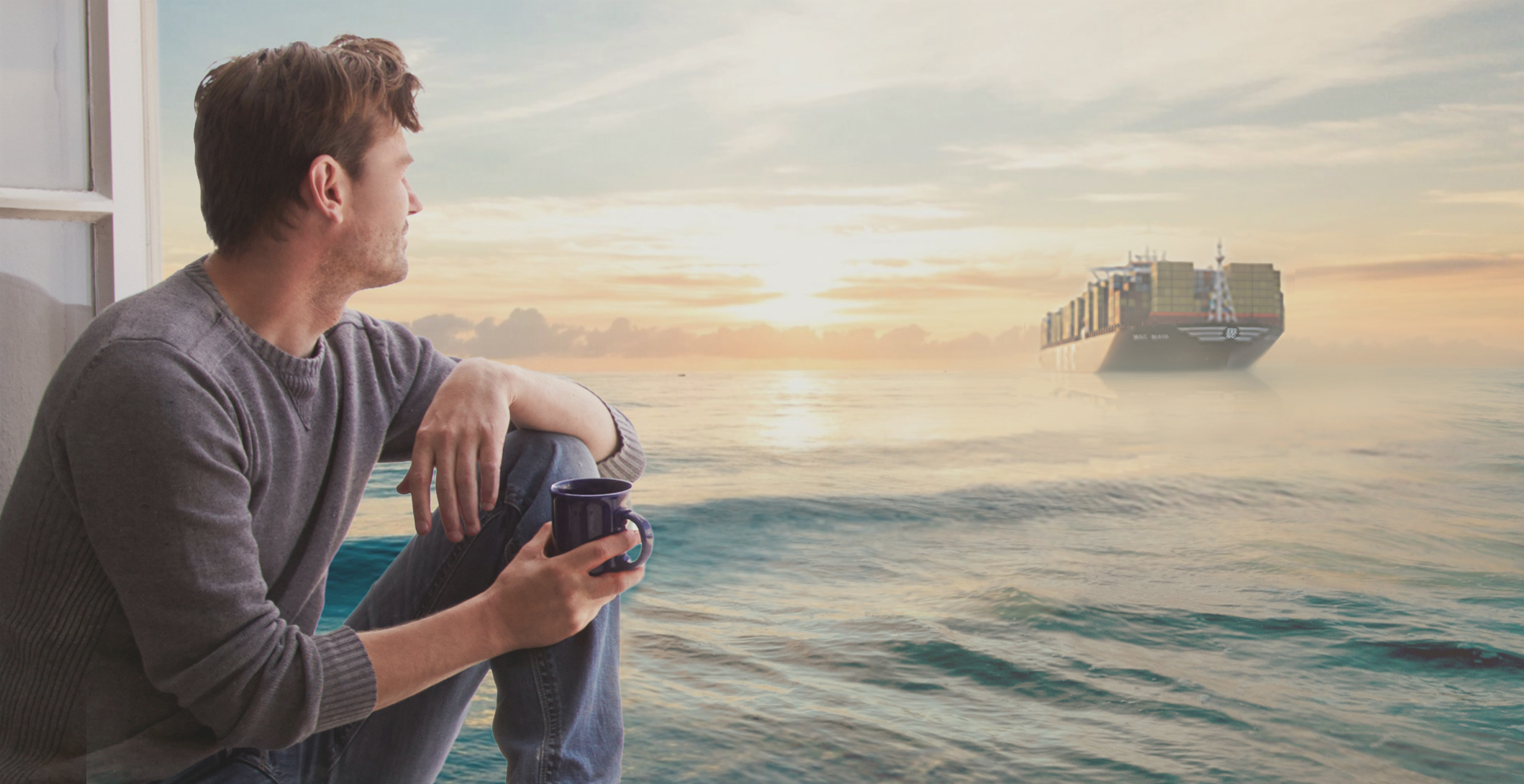 man with cup of coffee gazing outside the window at the MSC vessel sailing to the sunrise